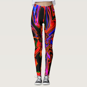 Leggings Naranja oscuro azul negro diseño de flores psicod