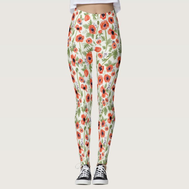 Leggings Naranja Poppies Patrón floral acuarela (Anverso)