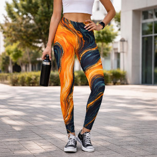 Leggings Naranja Quemada y Mármol Azul Marino Remolino Auda