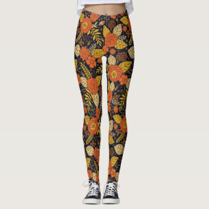 Leggings Naranja retro, floral amarilla y marina