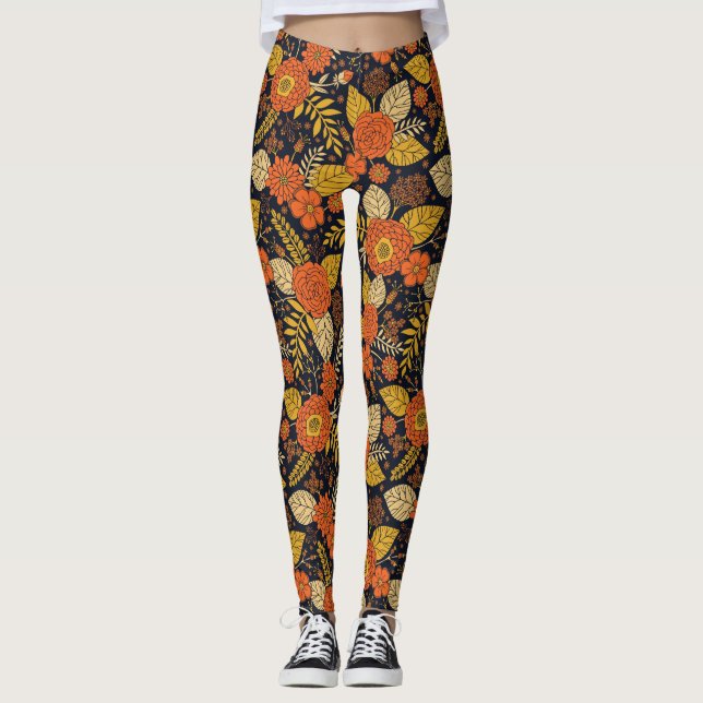 Leggings Naranja retro, floral amarilla y marina (Anverso)