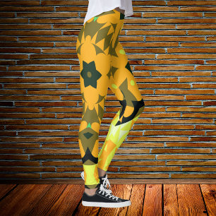 Leggings Naranja retro Mandala flor amarillo y verde