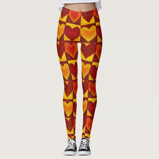 Leggings Naranja Rojo Amarillo Abstracto Corazones de arte  (Anverso)