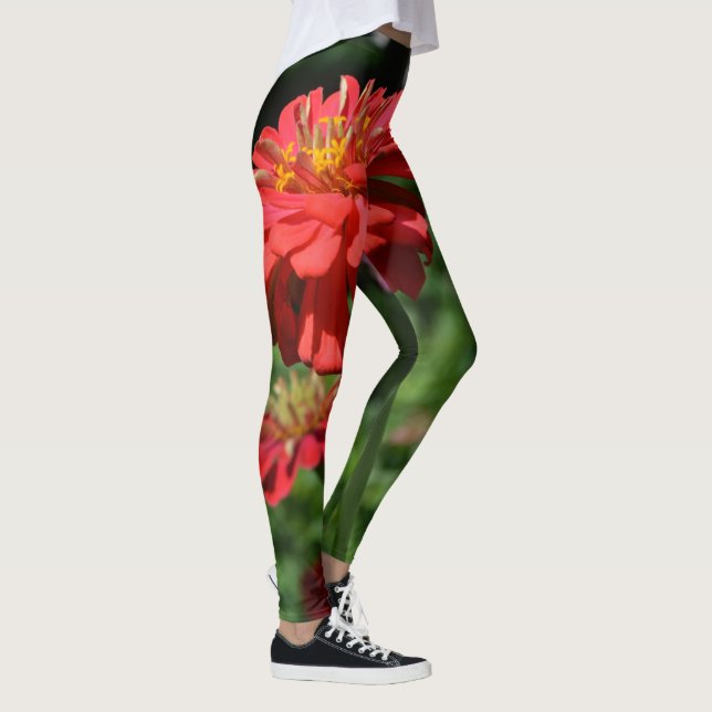 Leggings naranja rojo daisy floral, jardín de flores rojas (Derecha)