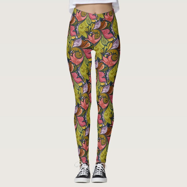 Leggings Naranja Rosa Flores Púrpuras Y Amarillas Verde Ama (Anverso)