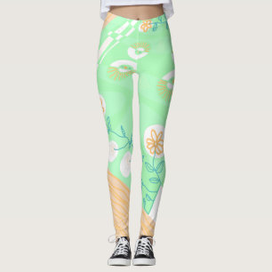 Leggings Naranja Verde Bohemio Chintz Ilustracion Verde azu