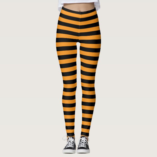 Leggings Naranja y bruja de Halloween a rayas negras (Anverso)