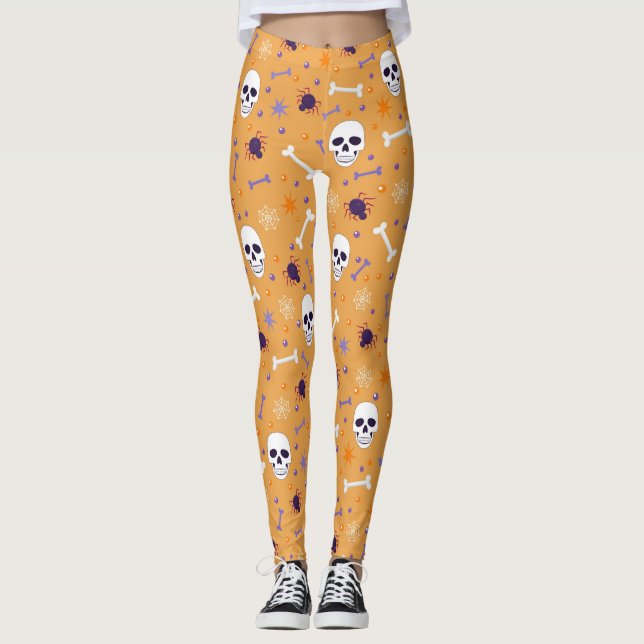 Leggings Naranja y cráneos de Halloween, huesos, arañas y w (Anverso)