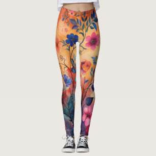 Leggings Naranja y Flores Azules