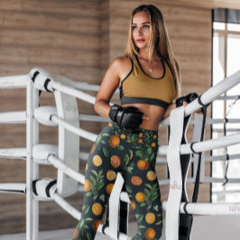 Leggings Naranjas con patrones de fruta negra | Piernas
