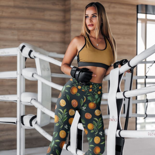 Leggings Naranjas con patrones de fruta negra | Piernas (Subido por el creador)