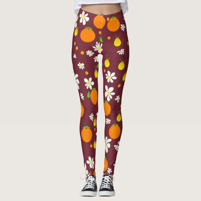 Leggings Naranjas de estilo japonés y patrón de floración N (Anverso)