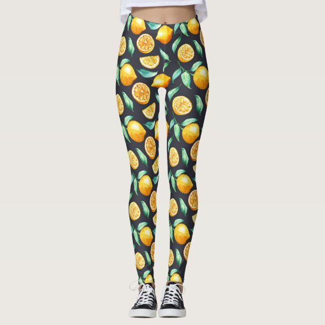 Leggings Naranjas Limones Hojas Verdes Negras (Anverso)