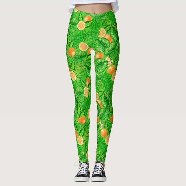 Leggings Naranjas y hojas tropicales (Anverso)