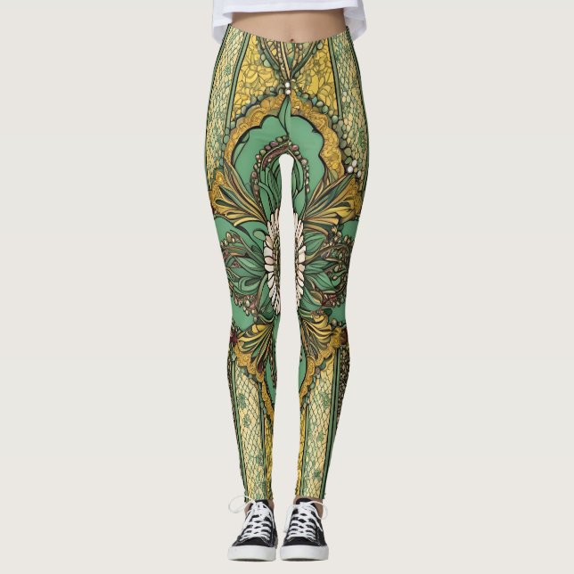 Leggings Naturaleza floral verde africana y amarilla arte d (Anverso)