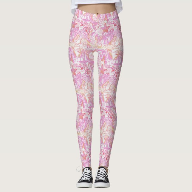 Leggings Nautical Beach Collage Hot Pink ID840 (Anverso)