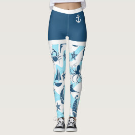 Leggings Nautical Blue White Anchour Sailboat Sea Life Beac