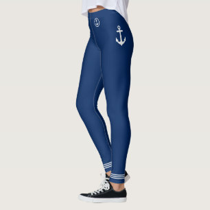 Leggings Nautical Boat Anchor White Stripes Naval Azul