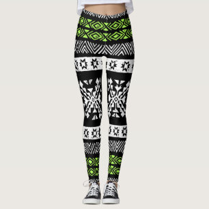 Leggings Navajo tribal, patrón verde blanco negro.