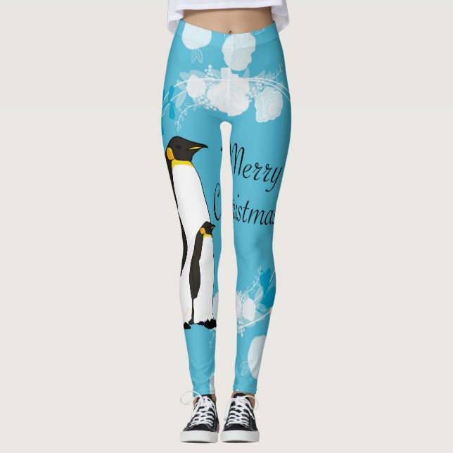 Leggings navidad, navidades, pingüino, flores, azul, (Anverso)