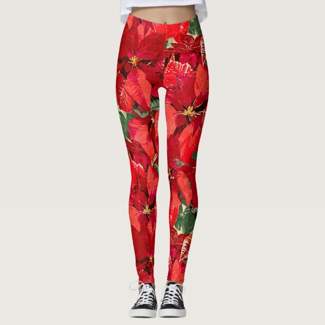 Leggings Navidad rojo del Poinsettia (Anverso)