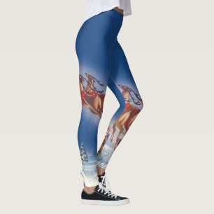 Leggings Navidad Vintage, Santa volando en su trineo con re