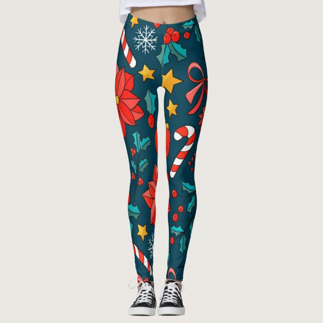 Leggings Navidades Adorables Candy Canes Y Poinsettias (Anverso)