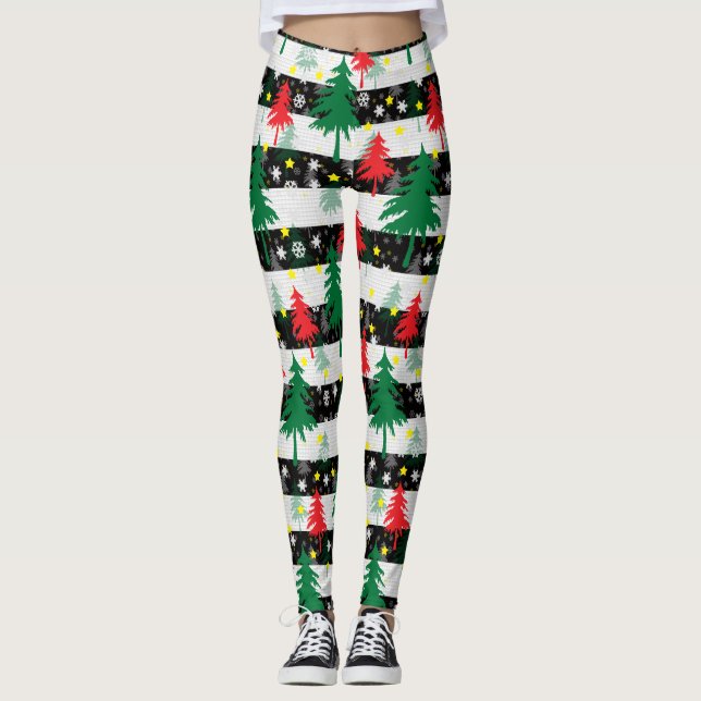 Leggings Navidades blancos negros rayas de nieve árboles ve (Anverso)