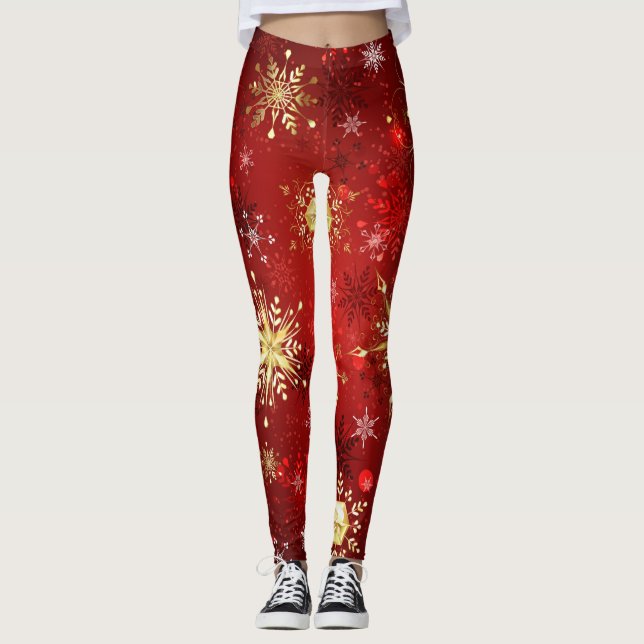 Leggings Navidades Copos de nieve dorados con fondo rojo (Anverso)