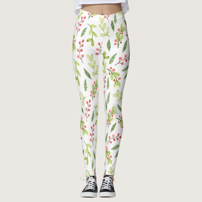 Leggings Navidades de acuarela brillante Patrón Mistleto (Anverso)