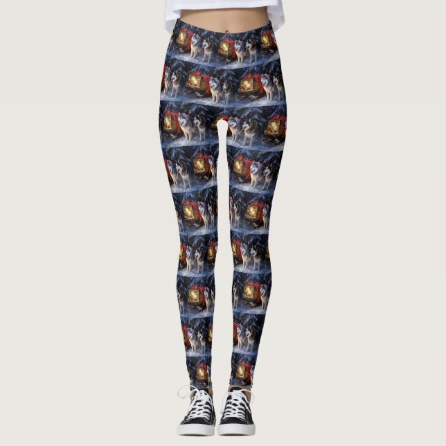 Leggings Navidades de Alaskan Malamute Snowy Sleigh Ride (Anverso)