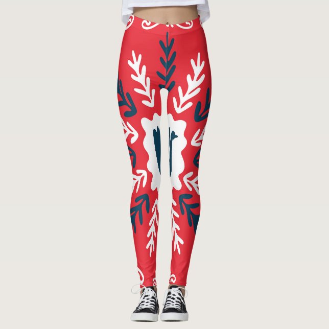 Leggings Navidades de arte Folk Doodle Tile (Anverso)