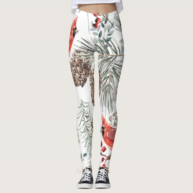 Leggings Navidades de aves cardinales Patrón de cosecha (Anverso)