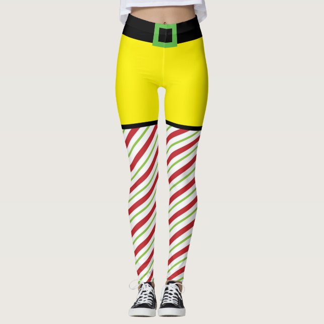 Leggings Navidades de los elfos de canes rojos y verdes (Anverso)