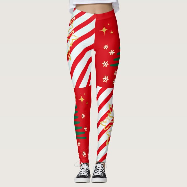 Leggings Navidades de moda Candy Cane franjas blancas rojas (Anverso)
