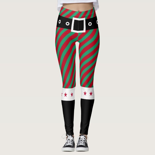 Leggings Navidades de moda Green Red Stripes Candy Cane Elf (Anverso)