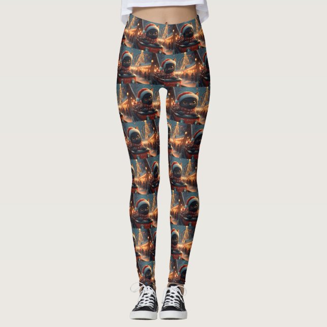 Leggings Navidades de montaña rusa de rollo de gato negro (Anverso)