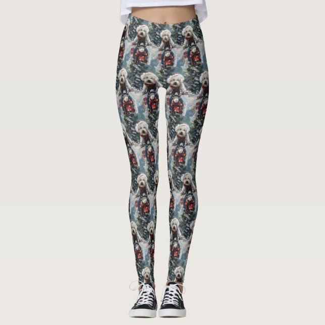Leggings Navidades de motocicletas Bichon Frise Dog Riding (Anverso)