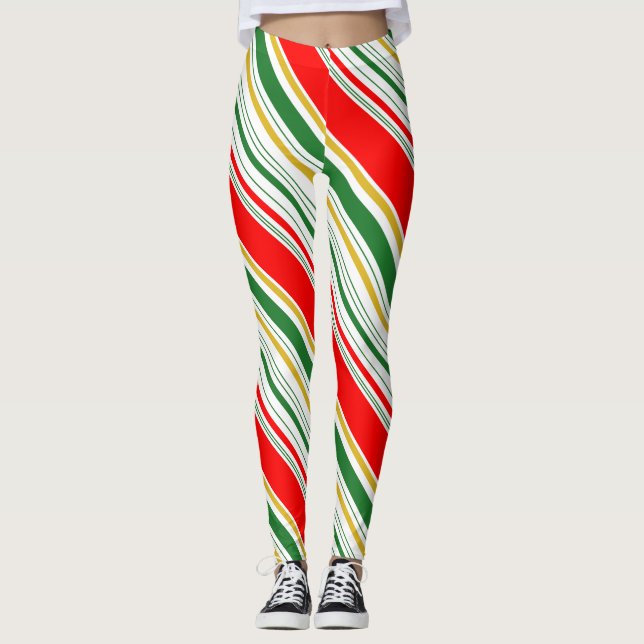 Leggings Navidades de oro rojo y verde a rayas (Anverso)