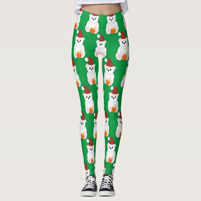 Leggings Navidades de oso polar Santa hat lindo patrón verd (Anverso)