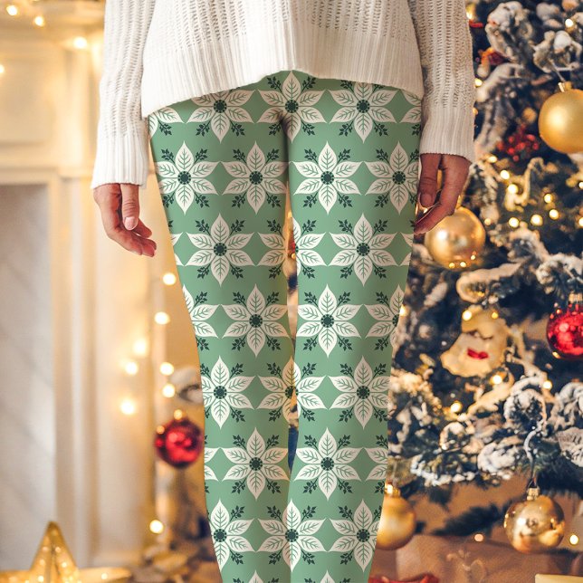Leggings Navidades del patrón de puninsettia verde y blanco (Subido por el creador)