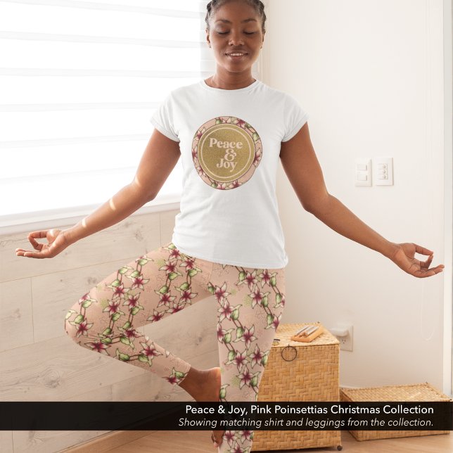 Leggings Navidades diagonales rayados de poinsettia rosa (Pink Poinsettia Diagonal Striped Christmas Leggings with Matching Peace & Joy T-Shirt.)