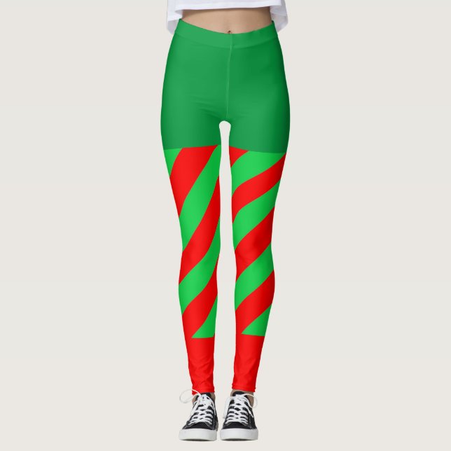 Leggings Navidades elf. piernas de franja verde roja diagon (Anverso)