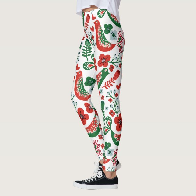Leggings Navidades escandinavos Patrón con flores y pájaros (Izquierda)