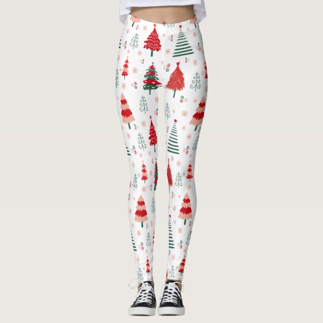 Leggings Navidades festivos del patrón de árbol escandinavo (Anverso)