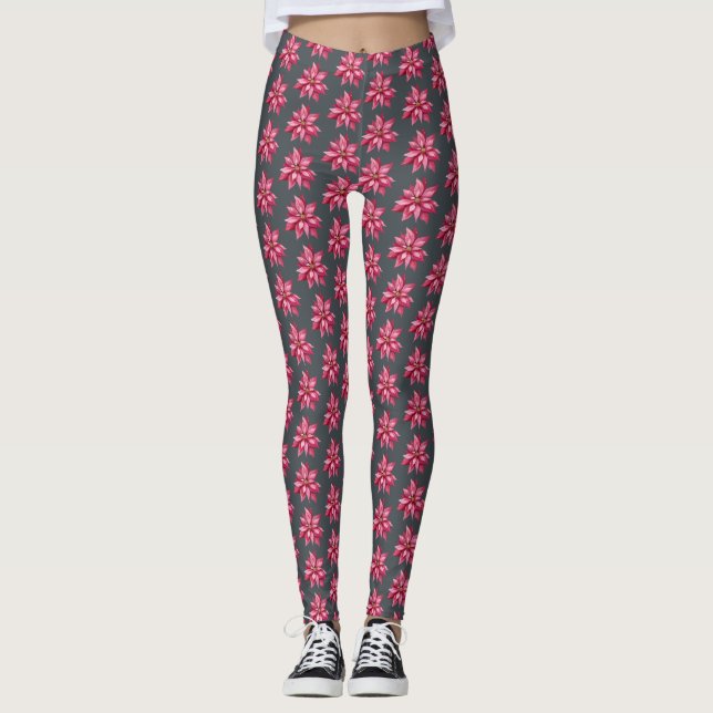 Leggings Navidades florales del patrón de la punción roja n (Anverso)