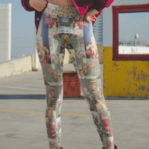 Leggings Navidades Holiday Vintage Santa Postcard