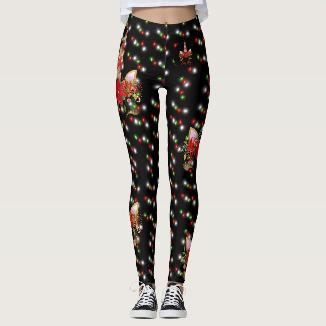 Leggings Navidades mágicos Unicorn enfrentan nombre de oro  (Anverso)