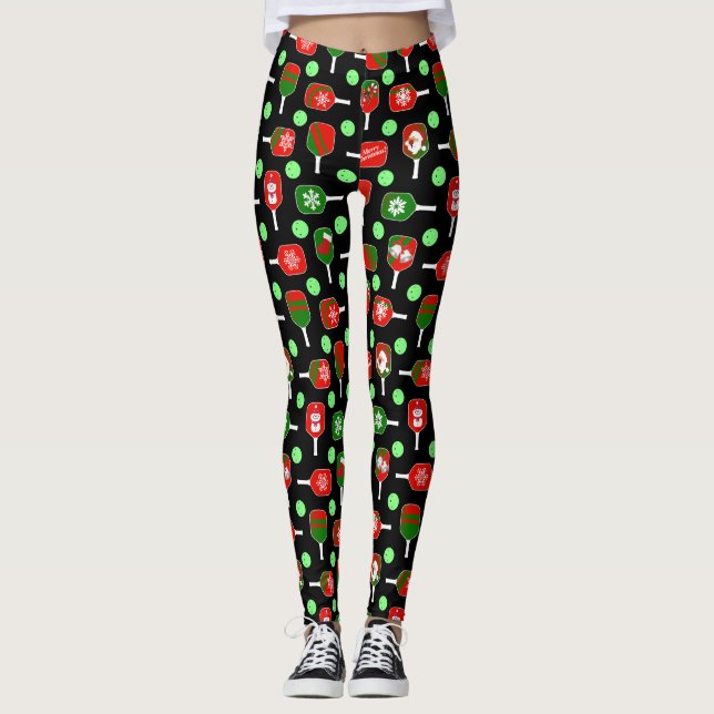 Leggings Navidades Pickleball Red Green Paddles Balls Black (Anverso)