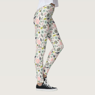 Leggings Navidades Poinsettia Acorns Gray Aqua Lime Green